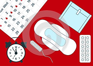 Vector illustration of alarm clock and a blood period calendar. Menstruation period pain protection, sanitary pads. Feminine hygie