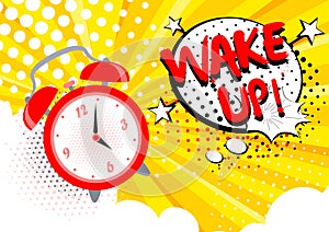 Vector illustration of alarm clock ringing, wake up text on the background. Bright cartoon pop art concept in retro