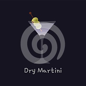 Vector illustration of alcohol Dry Martini cocktail with green olives isolated on black background. Glowing martini