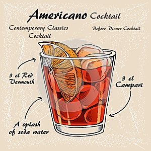 Vector illustration of alcoholic cocktail americano sketch