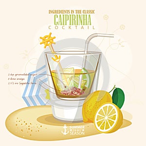 Vector illustration of alcoholic cocktail. Caipirinha club alcohol shot.