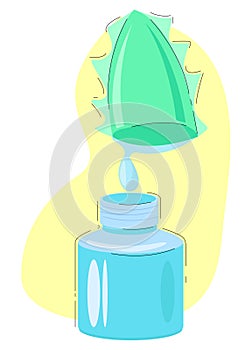 Vector illustration of an aloe Vera leaf dripping juice into a glass bottle.