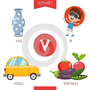 Vector Illustration Of Alphabet Letter V And Pictures