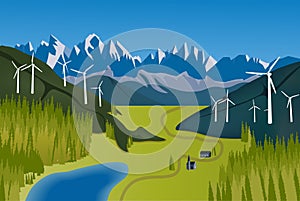 Vector illustration of alternative energy resource with rotation windmills, wind turbines, field, mountains, trees, forest and sky