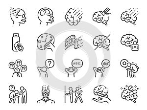 Alzheimer`s & Brain Awareness line icon set. Included the icons as Alzheimer, brain disease, Savant syndrome, mental disabilities, photo