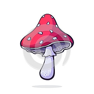 Vector illustration. Amanita mushroom with a red spotted hat. Poisonous toadstool fly agaric