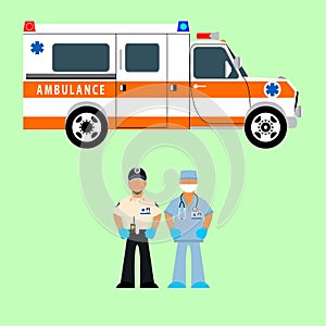 Vector illustration ambulance, ambulance driver and medical team. Rescue