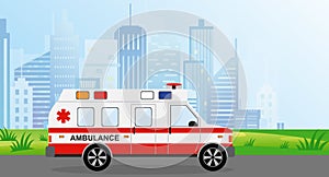 Vector illustration ambulance car in the city. Cityscape on background in light blue colors. Auto paramedic emergency in