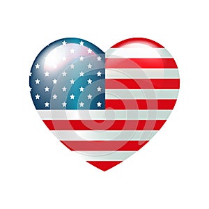 Vector illustration with American Flag in Heart on white background. 4th of July Independence Day of the USA. United States glossy