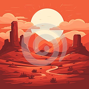 Vector illustration of American or Mexican sunset desert landscape with mountains in flat cartoon style