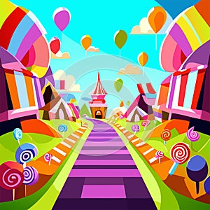 Vector illustration of amusement park with colorful lollipops, carousels and balloons Generative AI