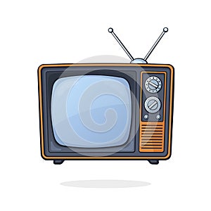 Vector illustration. Analogue retro TV with antenna, channel and signal selector. Television box for news and show translation.