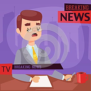 Vector Illustration anchorman breaking news and tv screen layout pofessional interview people in TV studio newsreader