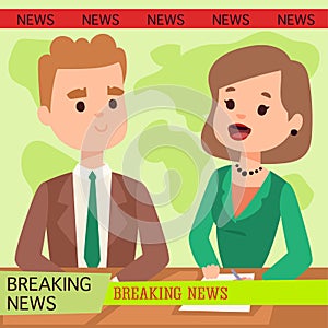 Vector Illustration anchorman breaking news and tv screen layout pofessional interview people in TV studio newsreader
