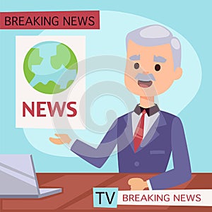 Vector Illustration anchorman breaking news and tv screen layout pofessional interview people in TV studio newsreader