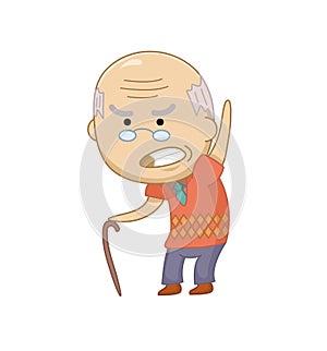 Vector illustration of Angry old man character. Funny grumpy grandfather. Senior man with bold head