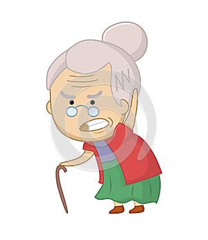 Vector illustration of Angry old woman character. Funny grumpy grandmother. Senior chibi woman