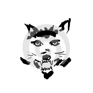 Vector illustration of angry wolf with grin. Simple grunge wolf portrait.