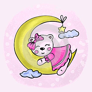 Vector illustration animal girl bear sleeps on a crescent moon among clouds in pink colors
