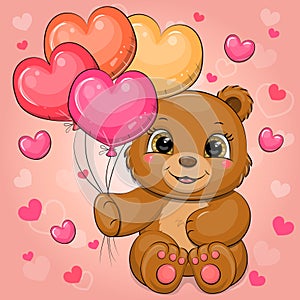 Cute cartoon brown bear holding heart shaped balloons.