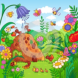 Vector illustration with an anthill and insects.