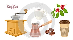 Vector illustration of Antique coffee grinder, Turkish coffee pot or Cezve, Takeaway paper cup, plant and coffee beans.