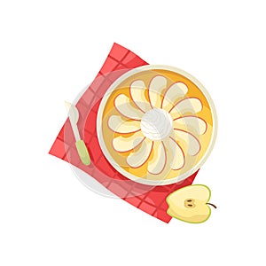 Vector illustration of an apple pie with an ice cream ball on a red tablecloth. Flat lay