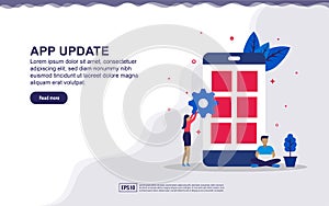 Vector illustration of application update & app developer concept with people. Illustration for landing page, social media content