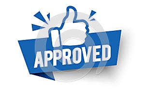 Vector illustration approved label flag with thumbs up icon.