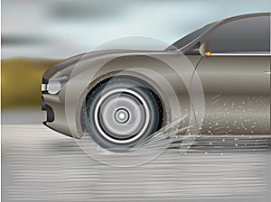 Vector illustration of aquaplaning by tires of a car on wet road