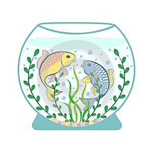 Vector illustration of an aquarium emblem with fish and plants, two fish as a sign of the zodiac, plants and bubbles in