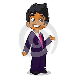 Vector illustration of a arab boy in man`s clothes. Cartoon of a young boy dressed up in a mans business blue suit presenting. Of