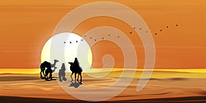 Vector illustration Arab family with camel walking in desert sands with sunset in evening,Panoramic Landscape Scenery of sun over