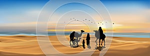 Vector illustration Arab family with camel walking in desert sands with sunset in evening,Panoramic Landscape Scenery of sun over