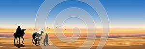 Vector illustration Arab family with camel walking in desert sands with sunset in evening,Panoramic Landscape Scenery of sun over