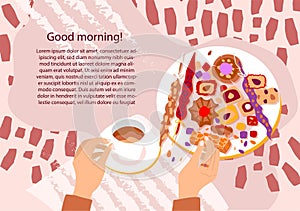 Vector illustration of arabic sweets and arabic tea party. Place for text for a card or poster for a holiday invitation