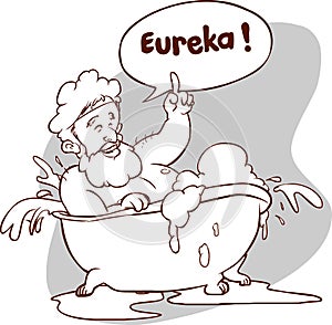 Vector illustration of a Archimedes in bath. Thumbs up eureka. ancient greek mathematician, physicist.