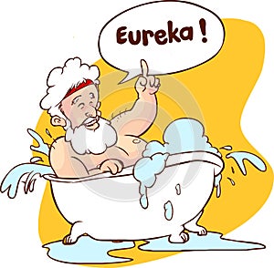 Vector illustration of a Archimedes in bath. Thumbs up eureka. ancient greek mathematician, physicist