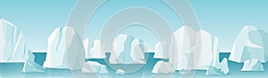 Vector illustration of arctic landscape in flat cartoon style. nature winter arctic ice landscape with lot of icebergs