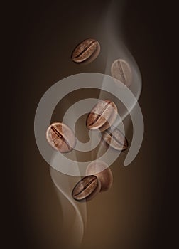 Vector illustration of aromatic coffee beans in hot steam close-up on background