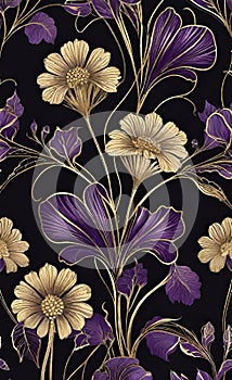 Vector illustration, art deco golden seamless floral pattern on black background with shades,