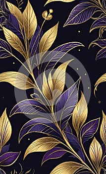 Vector illustration, art deco golden seamless floral pattern on black background with shades,