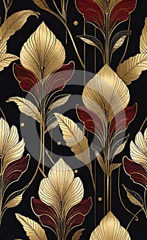 Vector illustration, art deco golden seamless floral pattern on black background with shades,