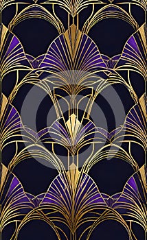 Vector illustration, art deco golden seamless floral pattern on black background with shades,