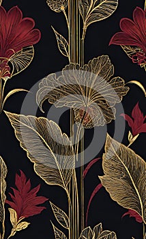 Vector illustration, art deco golden seamless floral pattern on black background with shades,