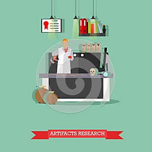 Vector illustration of artifacts research in laboratory with special equipment