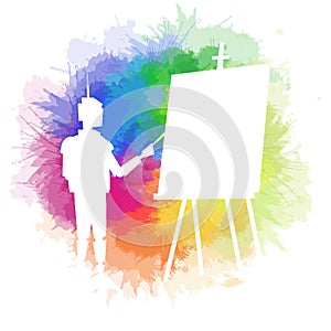 Vector illustration of artist robot silhouette with an easel on watercolor rainbow splashes. Exploring creativity with artificial