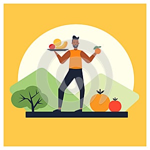 Vector Illustration Artwork Bodybuilder man consumes healthy fruits.