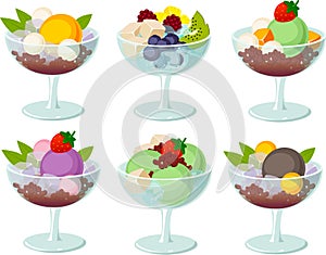 Vector illustration of Asian desserts with fruits, jelly and red beans