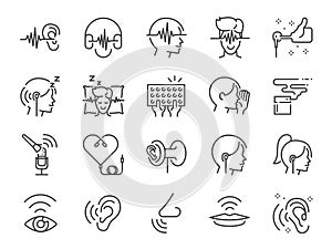 ASMR line icon set. Included icons as relax, relieve, sleep, sound, touch, feeling and more. photo